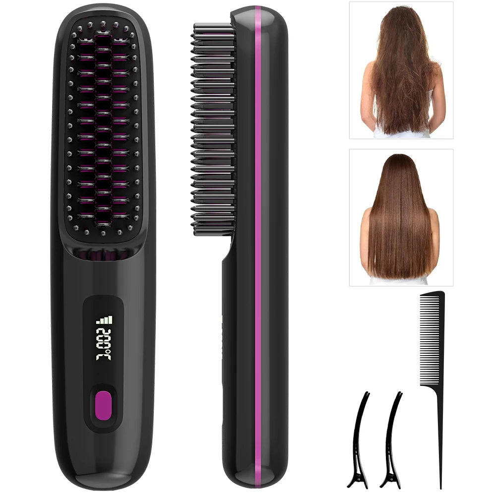 Cordless Hair Straightener Brush — Rechargeable, Ionic, 3 Heat Settings