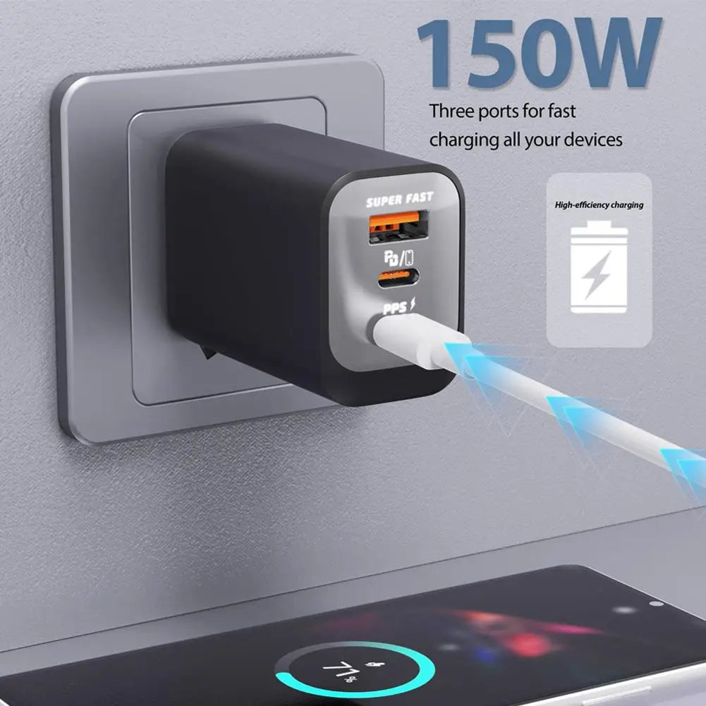 150W 3-Port USB-C Wall Charger – QC3.0, EU/US/UK Plug