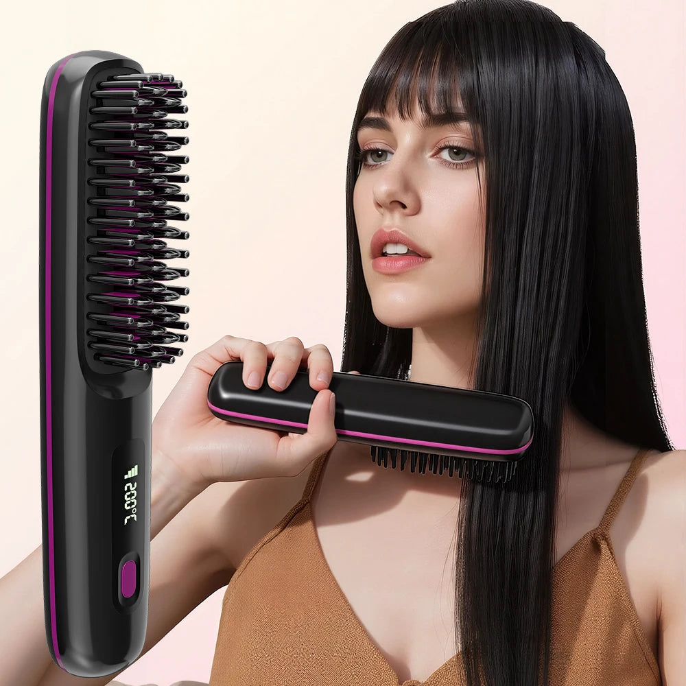 Cordless Hair Straightener Brush — Rechargeable, Ionic, 3 Heat Settings