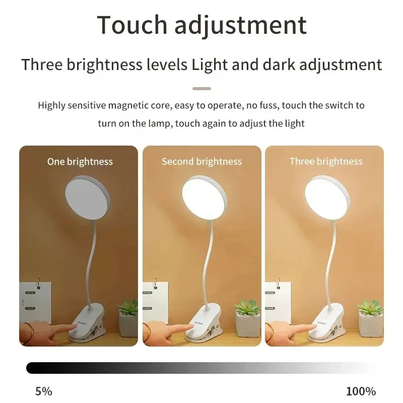 LED Clamp Desk Lamp – USB Rechargeable, 3 Lighting Modes, Flexible Neck