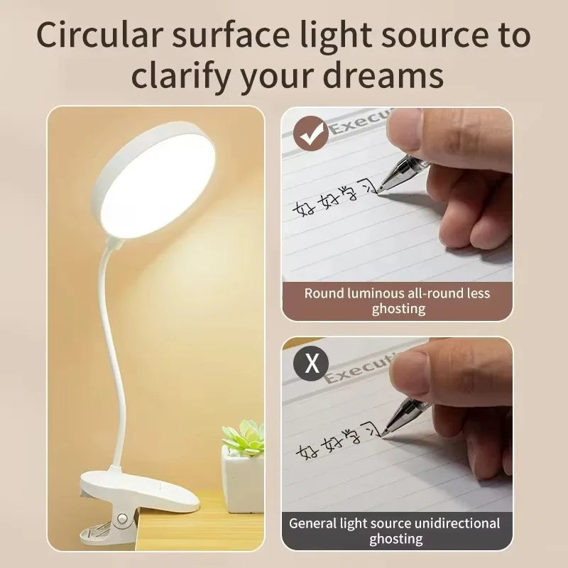 LED Clamp Desk Lamp – USB Rechargeable, 3 Lighting Modes, Flexible Neck