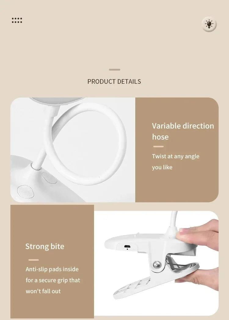 LED Clamp Desk Lamp – USB Rechargeable, 3 Lighting Modes, Flexible Neck