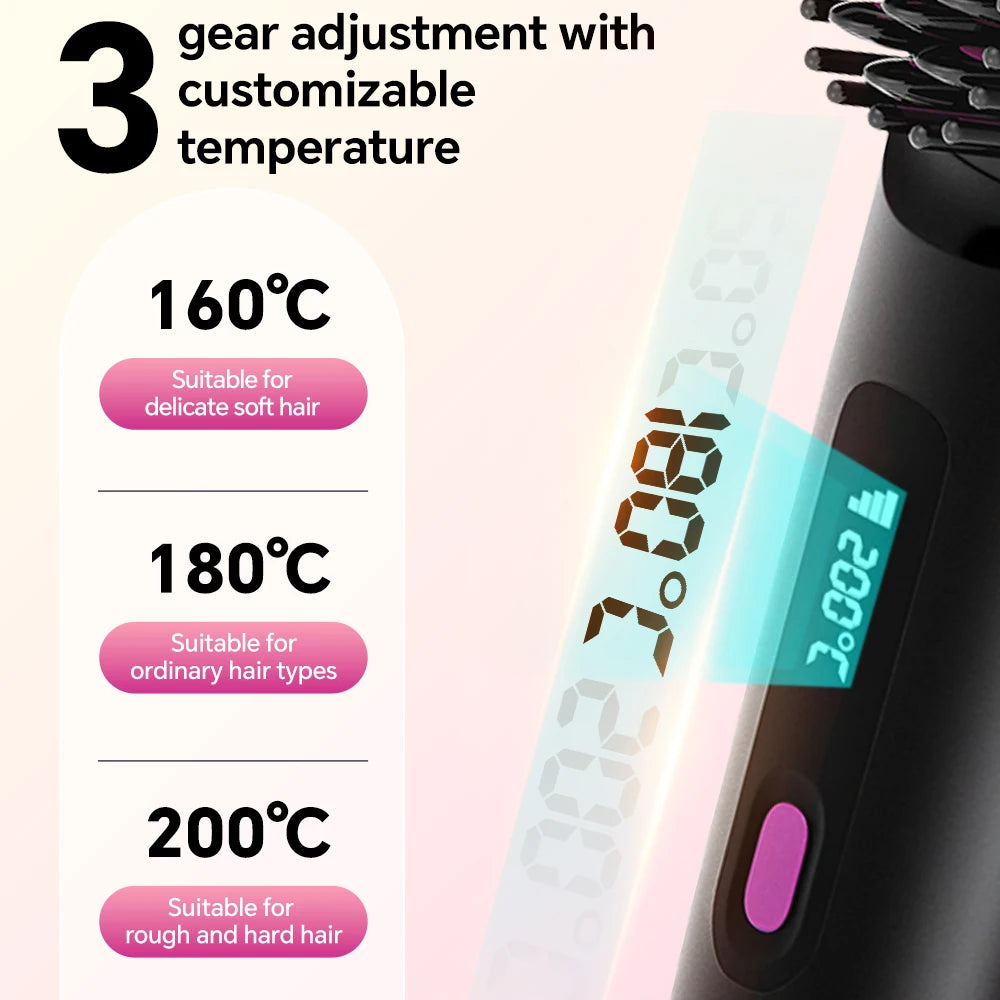 Cordless Hair Straightener Brush — Rechargeable, Ionic, 3 Heat Settings