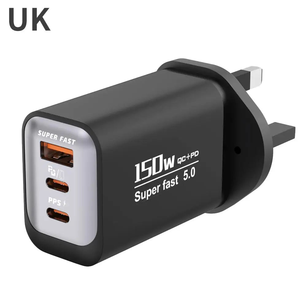 150W 3-Port USB-C Wall Charger – QC3.0, EU/US/UK Plug