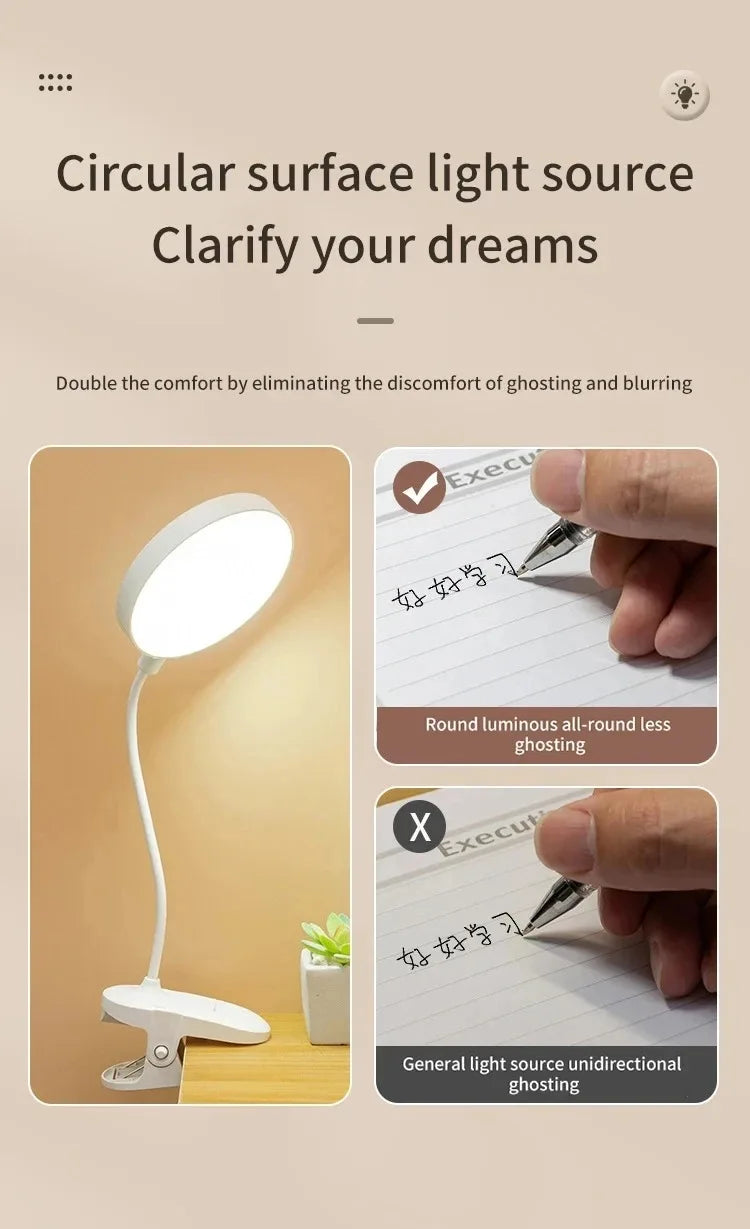 LED Clamp Desk Lamp – USB Rechargeable, 3 Lighting Modes, Flexible Neck