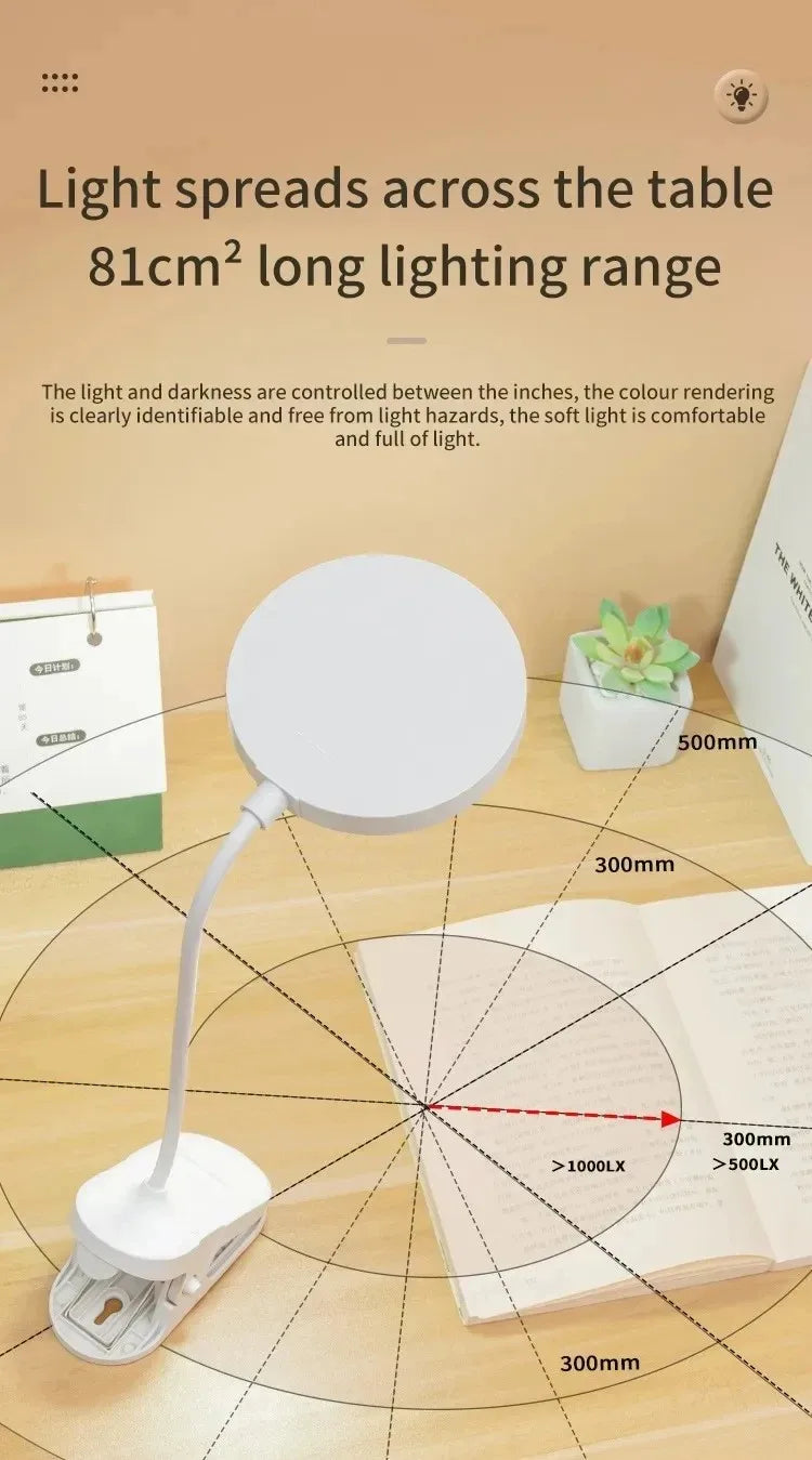 LED Clamp Desk Lamp – USB Rechargeable, 3 Lighting Modes, Flexible Neck