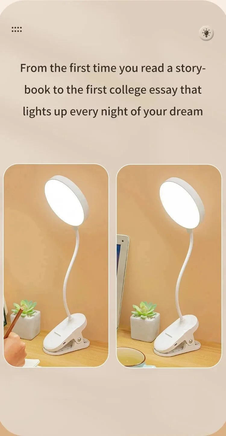 LED Clamp Desk Lamp – USB Rechargeable, 3 Lighting Modes, Flexible Neck