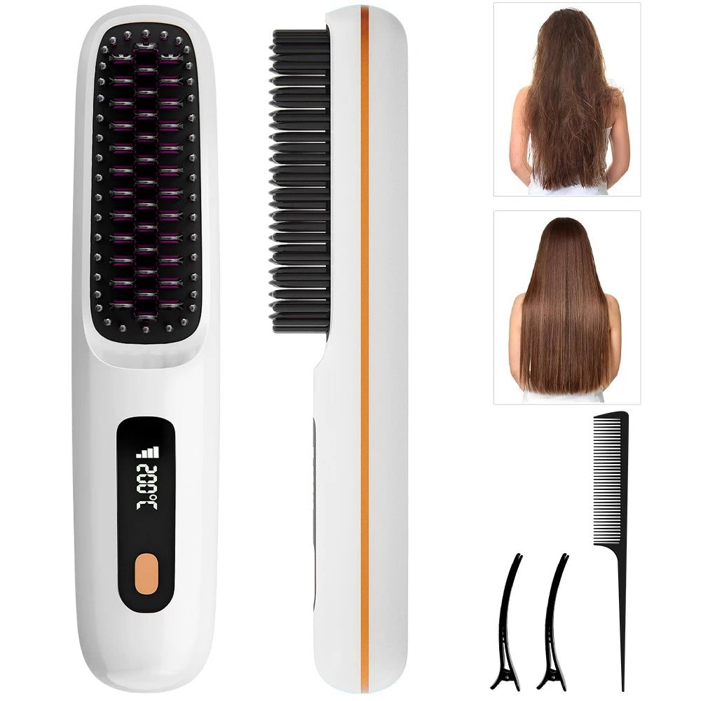 Cordless Hair Straightener Brush — Rechargeable, Ionic, 3 Heat Settings