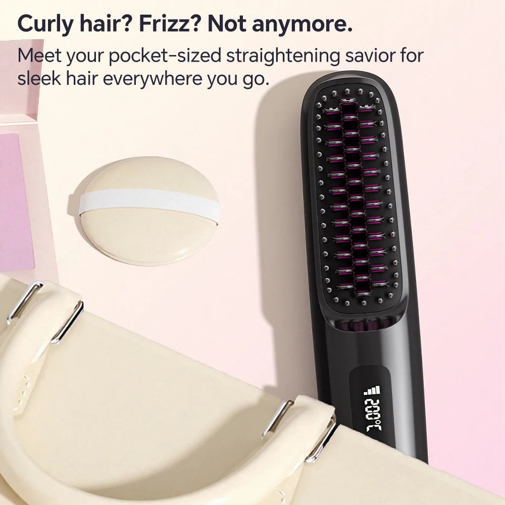 Cordless Hair Straightener Brush — Rechargeable, Ionic, 3 Heat Settings