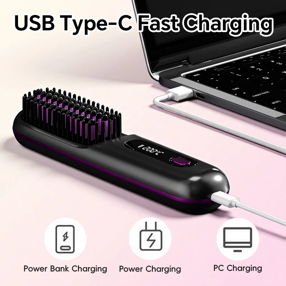 Cordless Hair Straightener Brush — Rechargeable, Ionic, 3 Heat Settings