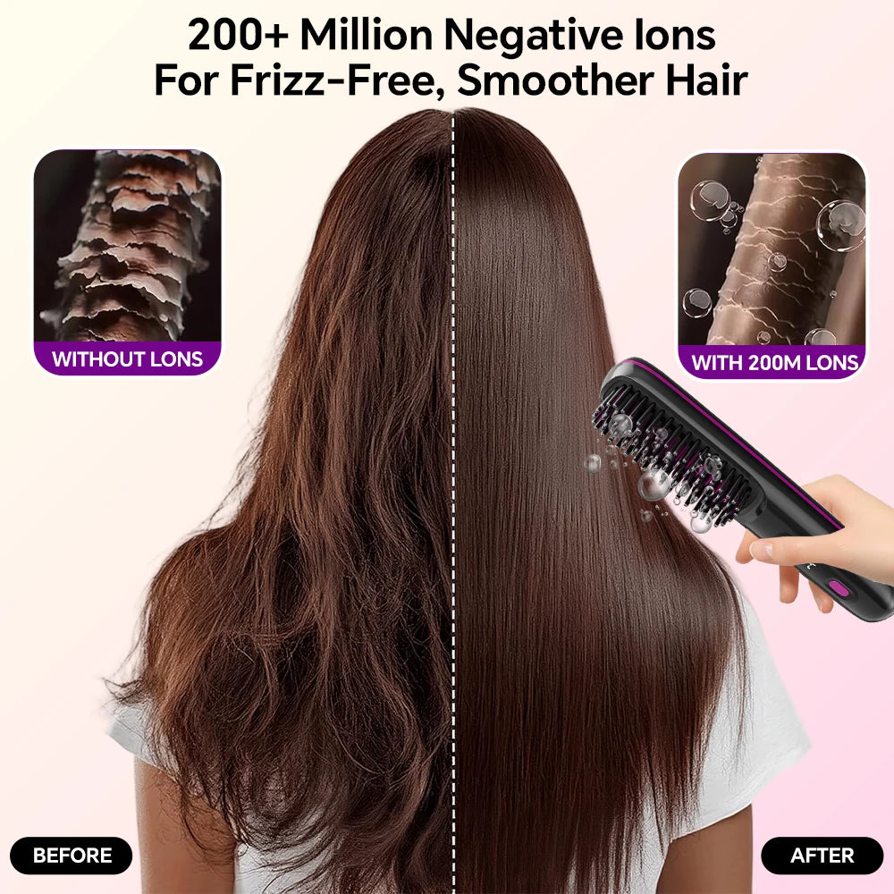 Cordless Hair Straightener Brush — Rechargeable, Ionic, 3 Heat Settings