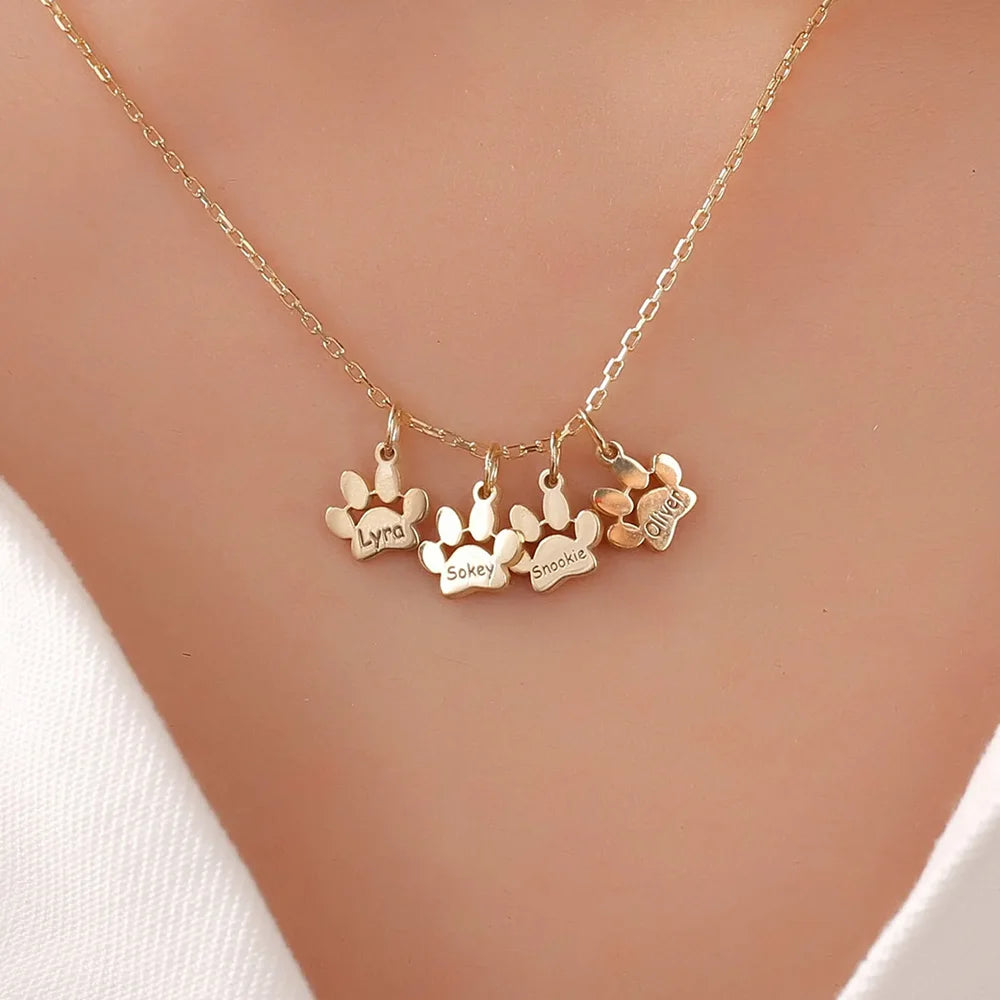 Custom Pet Name Necklace – Engraved Paw Charm Jewelry