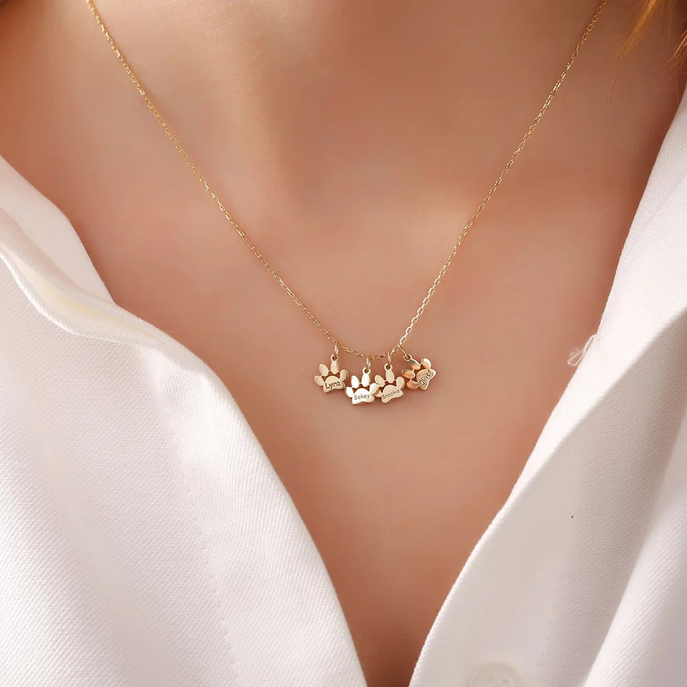 Custom Pet Name Necklace – Engraved Paw Charm Jewelry