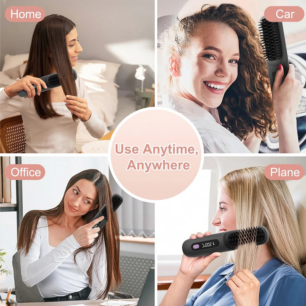 Cordless Hair Straightener Brush — Rechargeable, Ionic, 3 Heat Settings