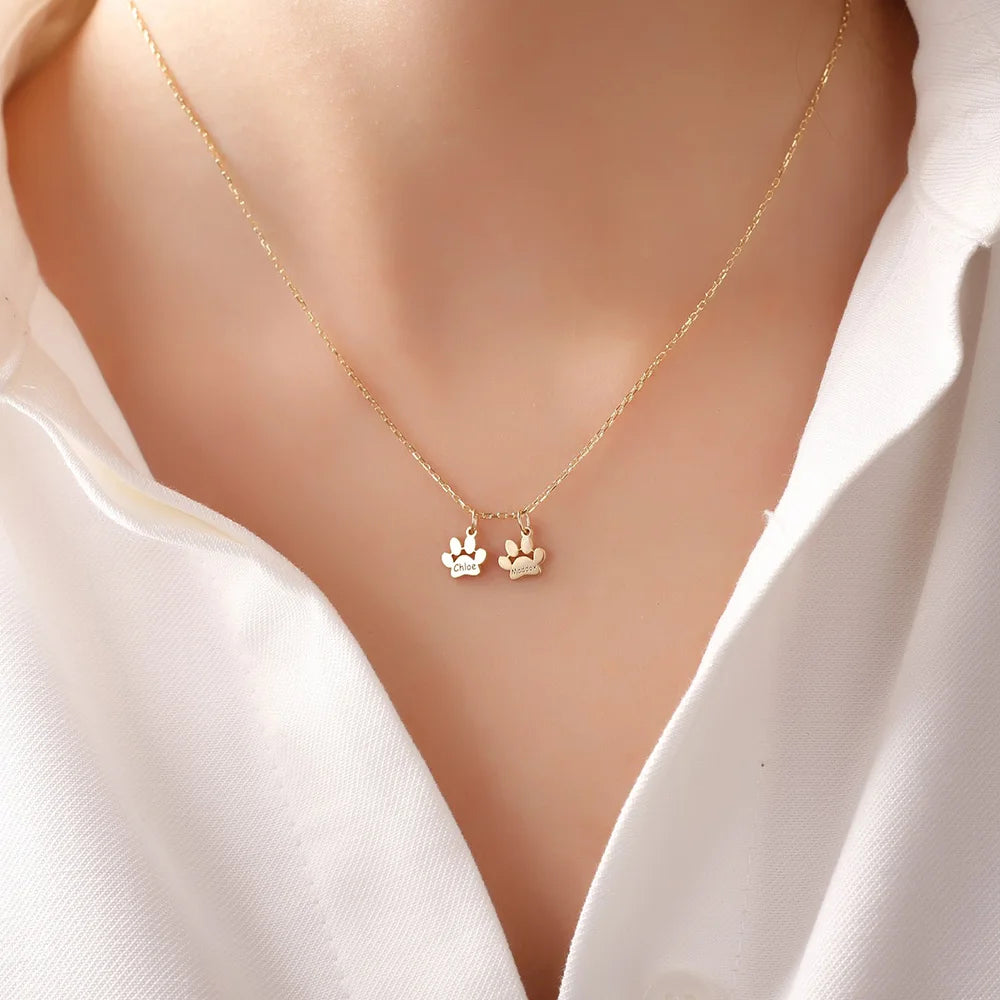 Custom Pet Name Necklace – Engraved Paw Charm Jewelry