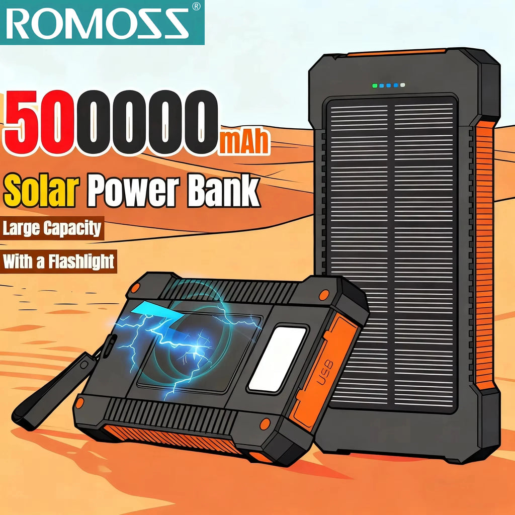 ROMOSS Solar Power Bank — 120W, 500000mAh, Fast Charging