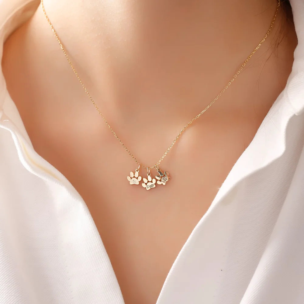 Custom Pet Name Necklace – Engraved Paw Charm Jewelry