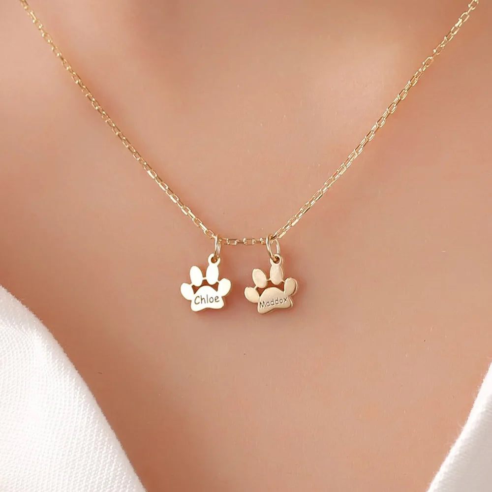 Custom Pet Name Necklace – Engraved Paw Charm Jewelry
