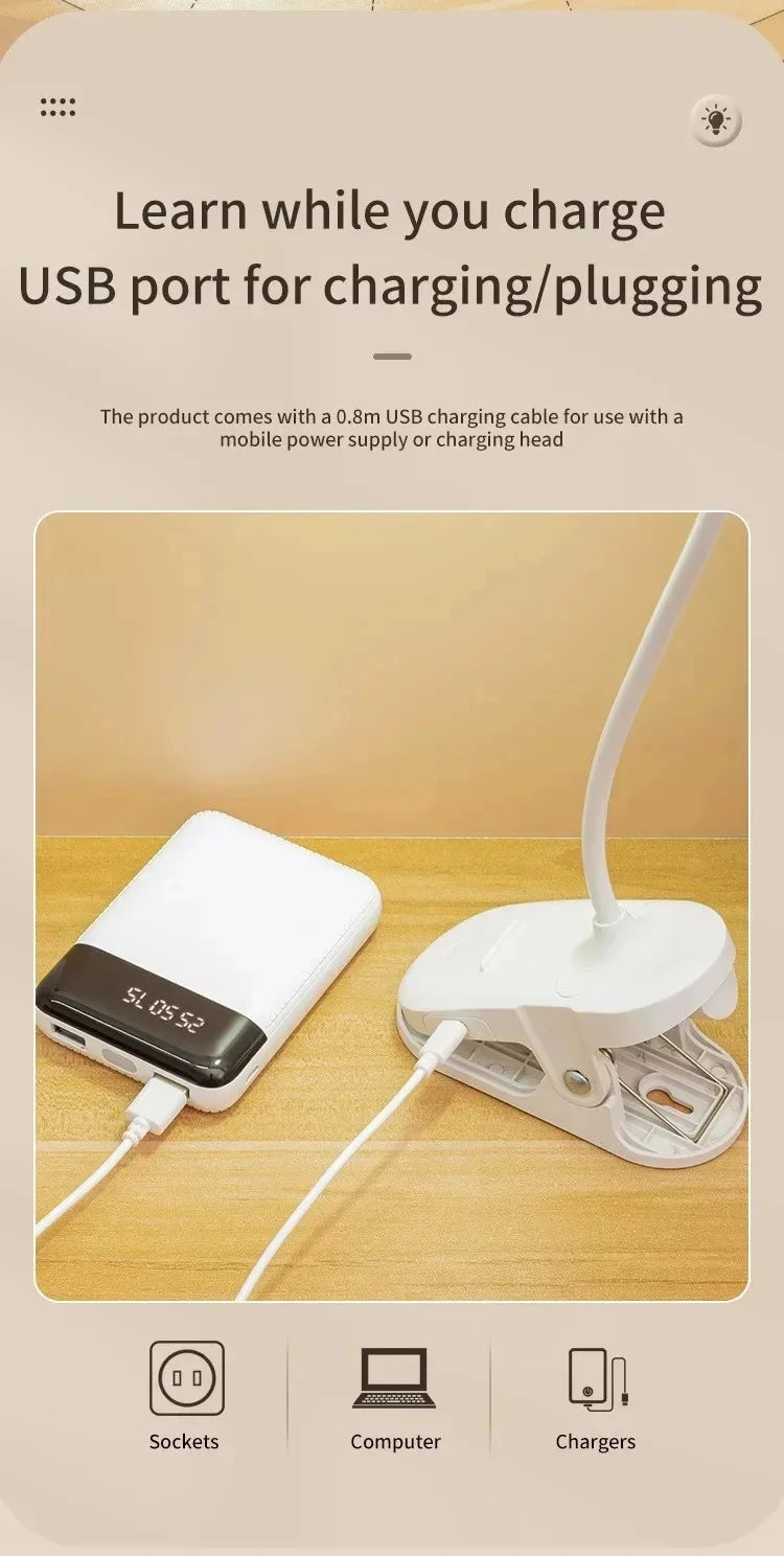 LED Clamp Desk Lamp – USB Rechargeable, 3 Lighting Modes, Flexible Neck