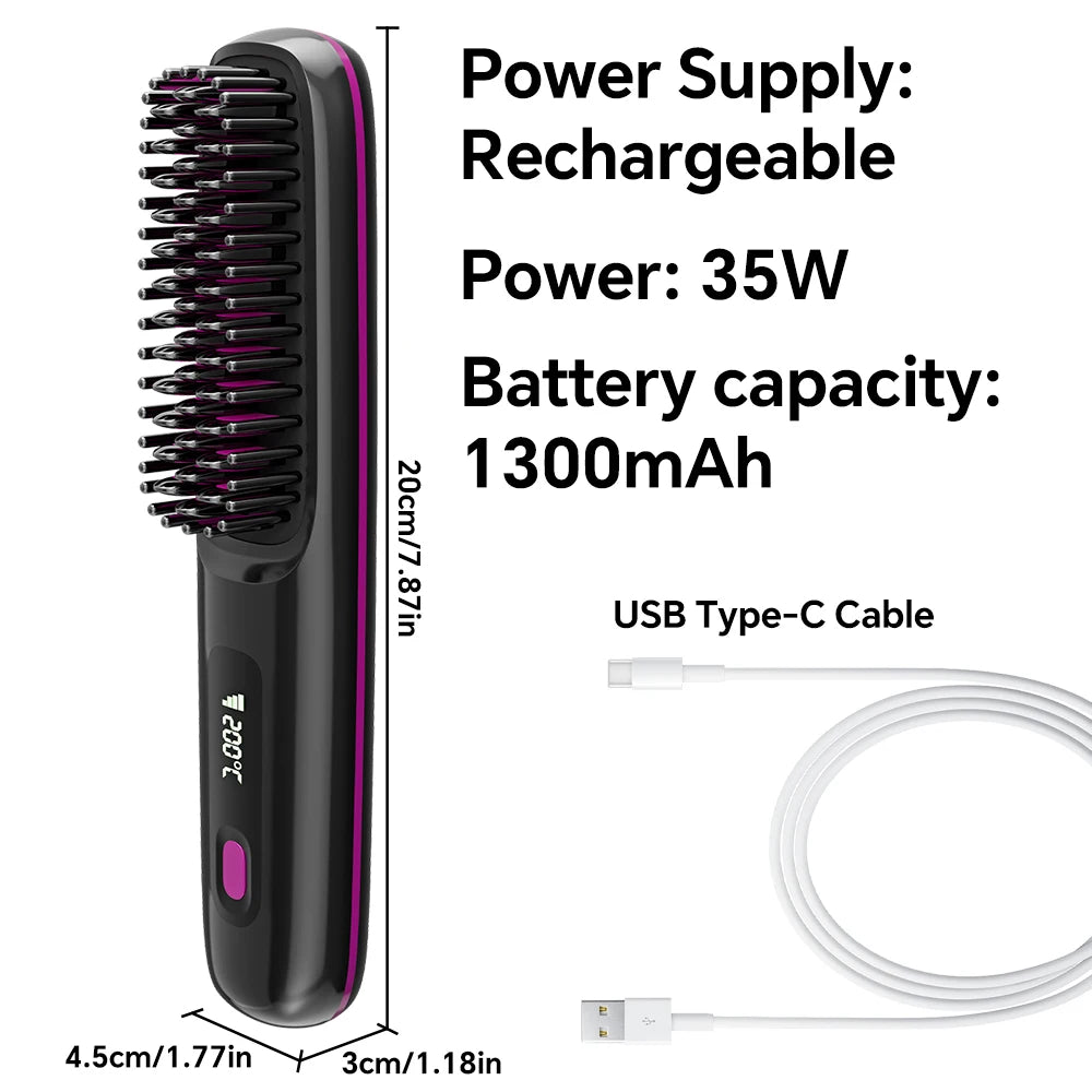 Cordless Hair Straightener Brush — Rechargeable, Ionic, 3 Heat Settings