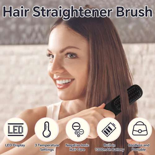 Cordless Hair Straightener Brush — Rechargeable, Ionic, 3 Heat Settings