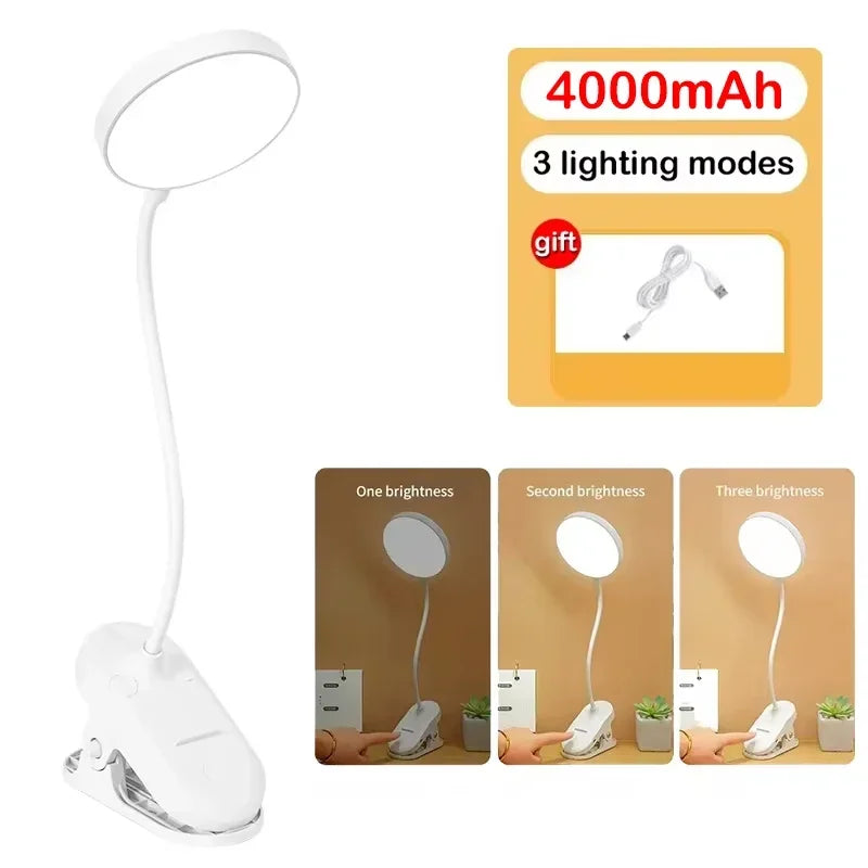 LED Clamp Desk Lamp – USB Rechargeable, 3 Lighting Modes, Flexible Neck
