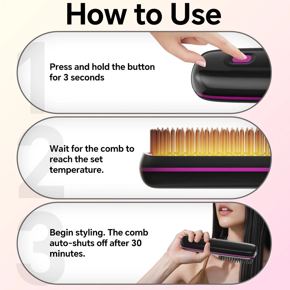 Cordless Hair Straightener Brush — Rechargeable, Ionic, 3 Heat Settings