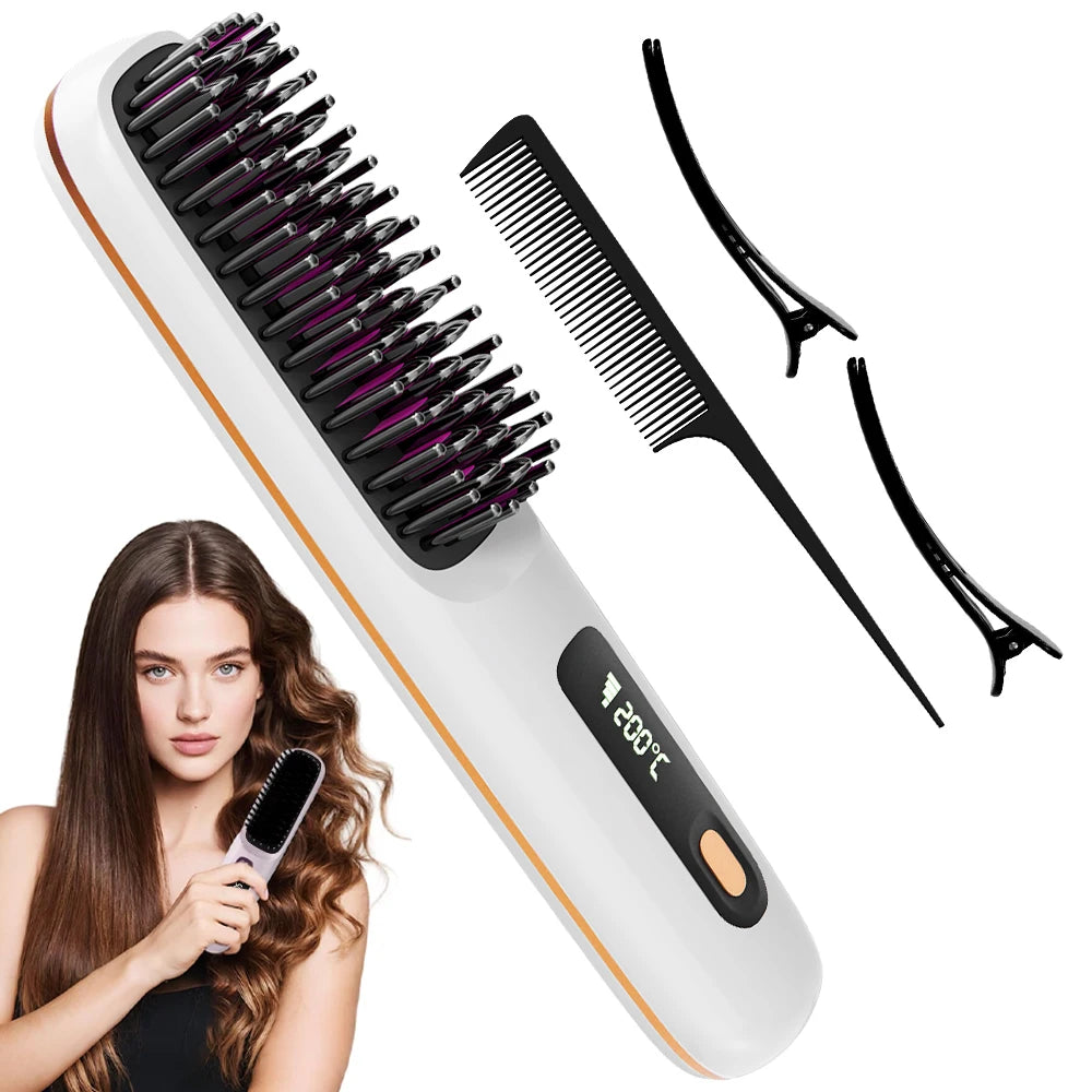 Cordless Hair Straightener Brush — Rechargeable, Ionic, 3 Heat Settings